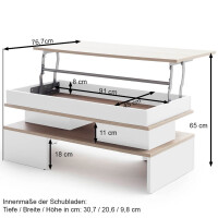Couchtisch höhenverstellbar - Wohnzimmertisch mit Stauraum VINZ Sonoma Eiche Dekor/ weiß