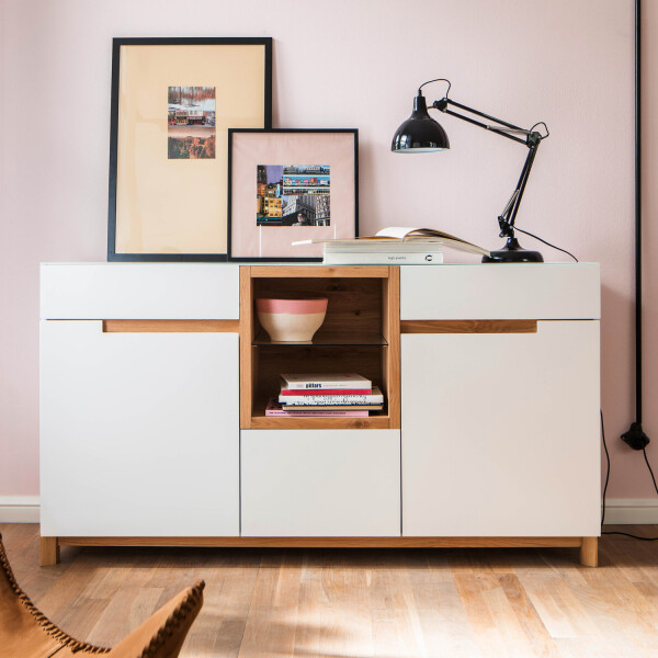 Sideboard Pontica in MDF weiß lackiert Gestell in Eiche massiv und Eichenfurnier